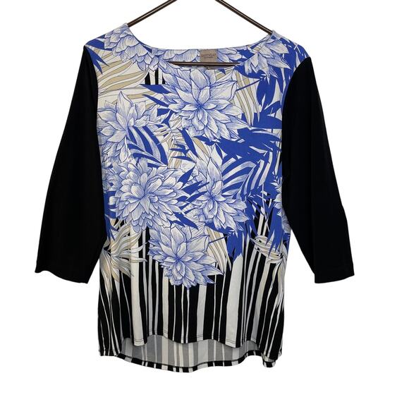 Chico's Tops - Chico's tunic shirt blouse top women's 12 black with blue periwinkle cream flowe